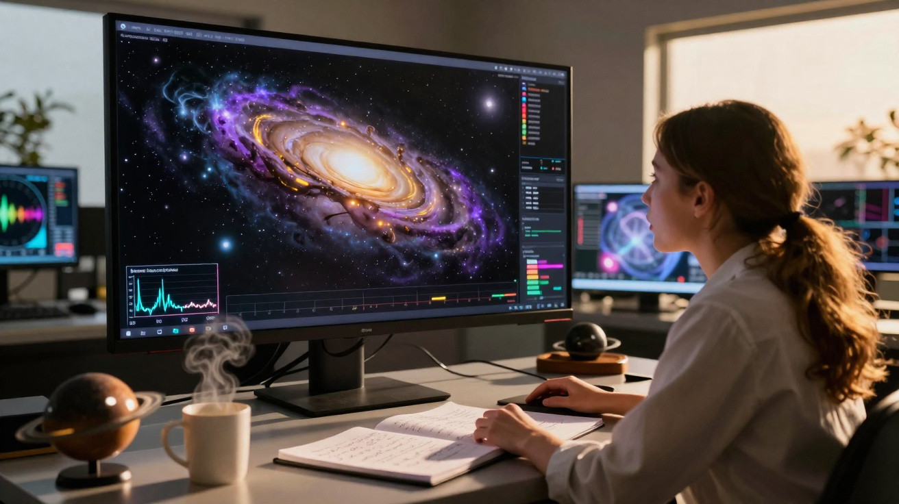 Mulher a analisar imagens de galáxias e dados astronómicos num computador num escritório.