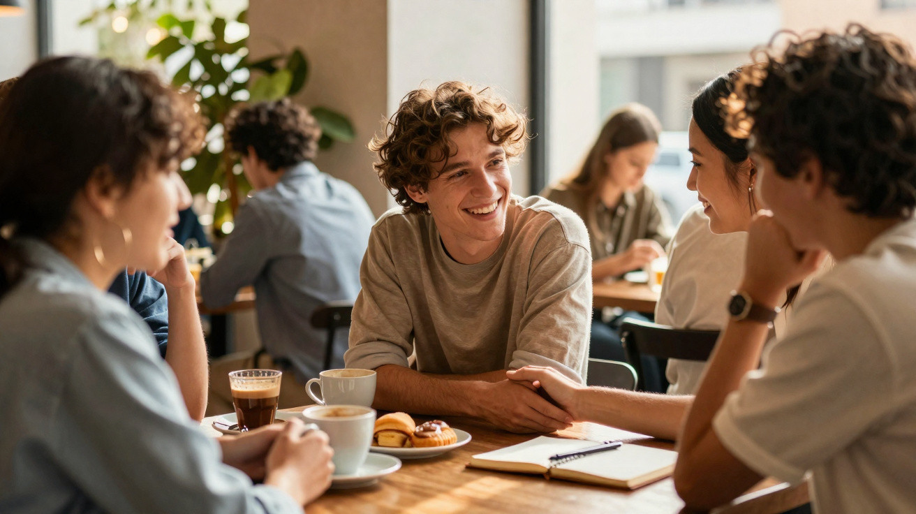 Grupo de jovens a conversar animadamente numa mesa de café com bebidas e pastelaria.