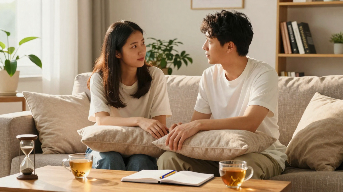 Casal sentado no sofá em casa a conversar, com almofadas, chá e um caderno na mesa à frente.