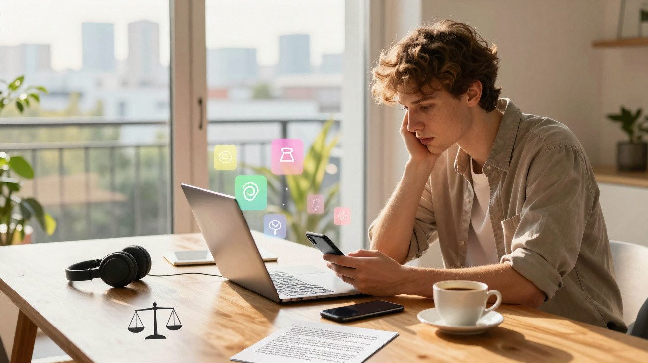 Jovem sentado à mesa com computador portátil e telemóvel, concentrado no trabalho com chá e auscultadores.