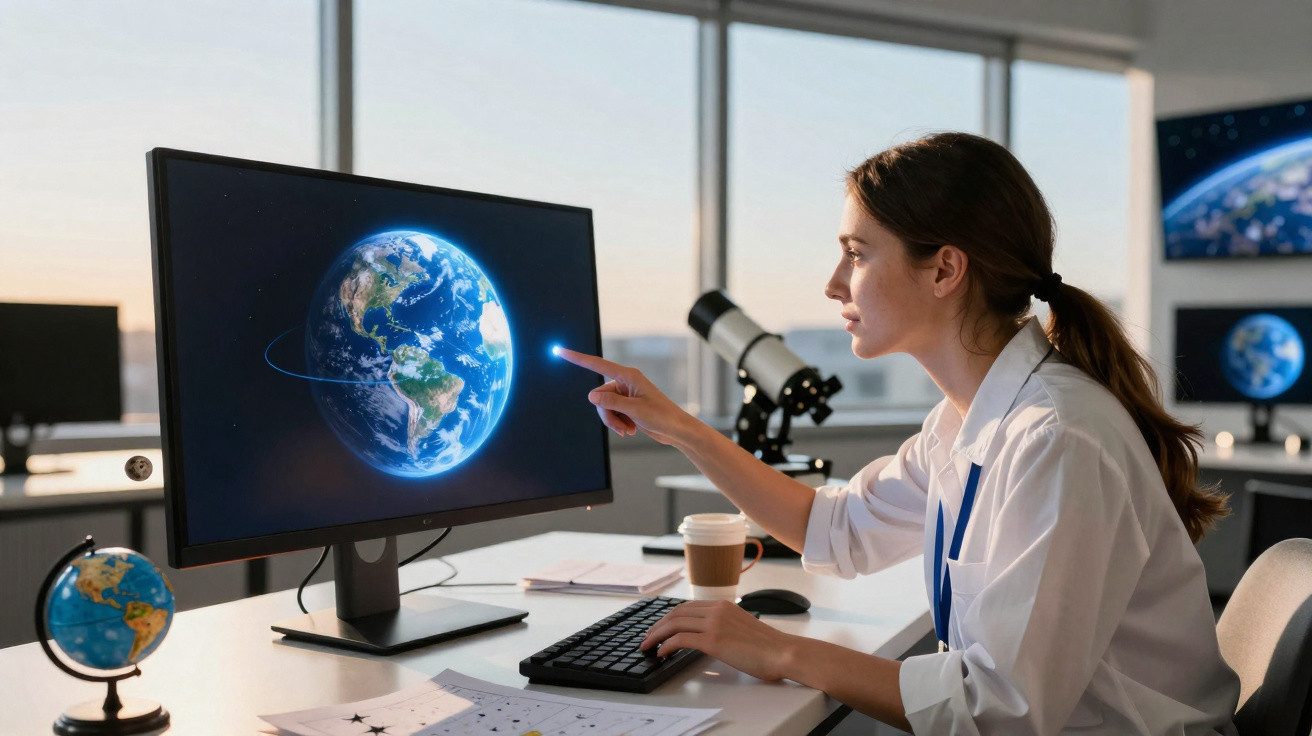 Mulher a apontar para imagem digital da Terra num ecrã de computador num escritório com telescópio.