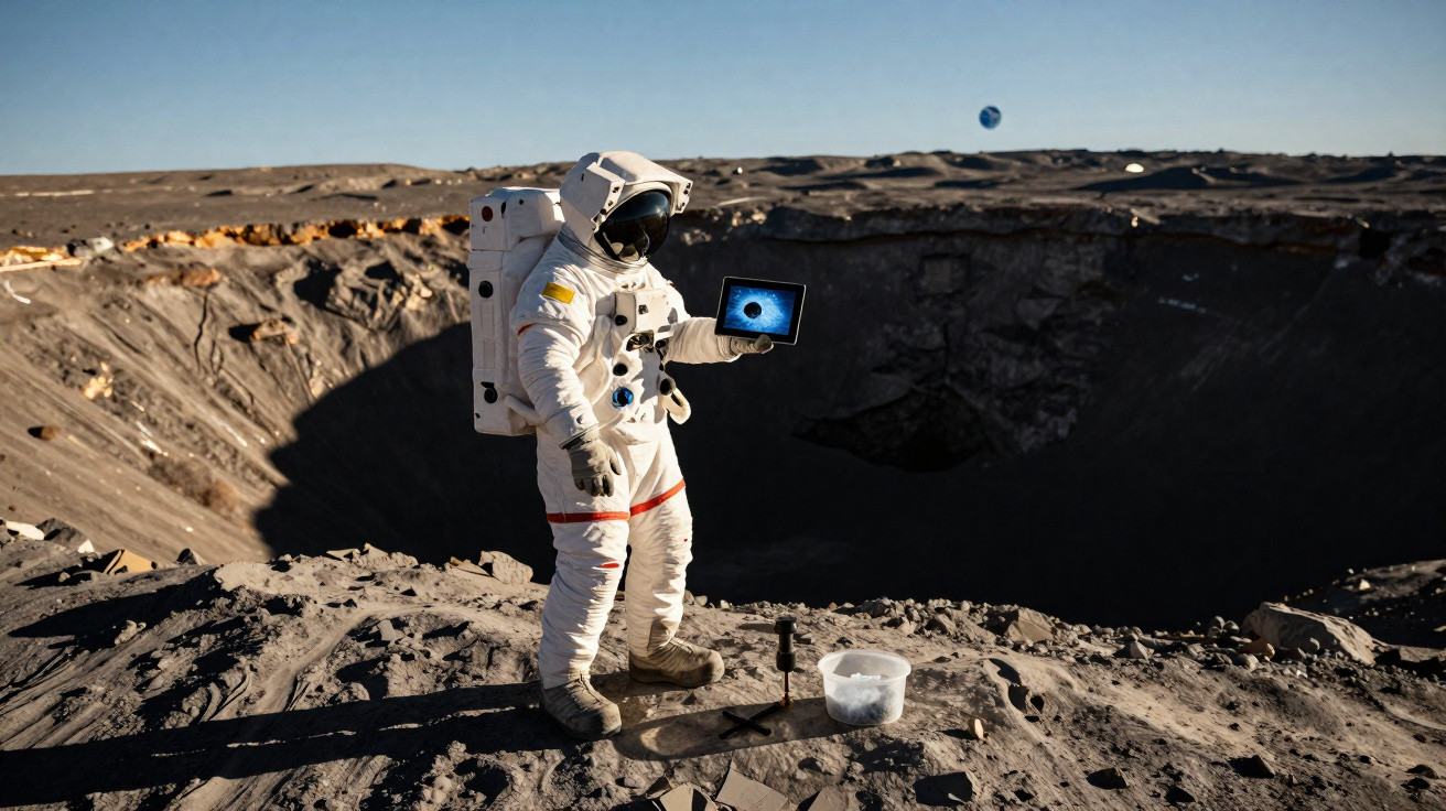 Astronauta em fato espacial branco segura tablet com imagem de buraco negro numa paisagem lunar árida.