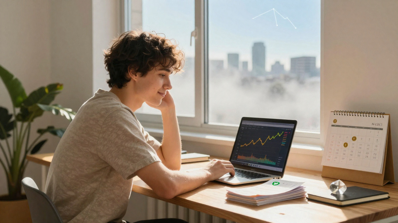 Jovem sentado à secretária a analisar gráficos financeiros num portátil com vista para a cidade.