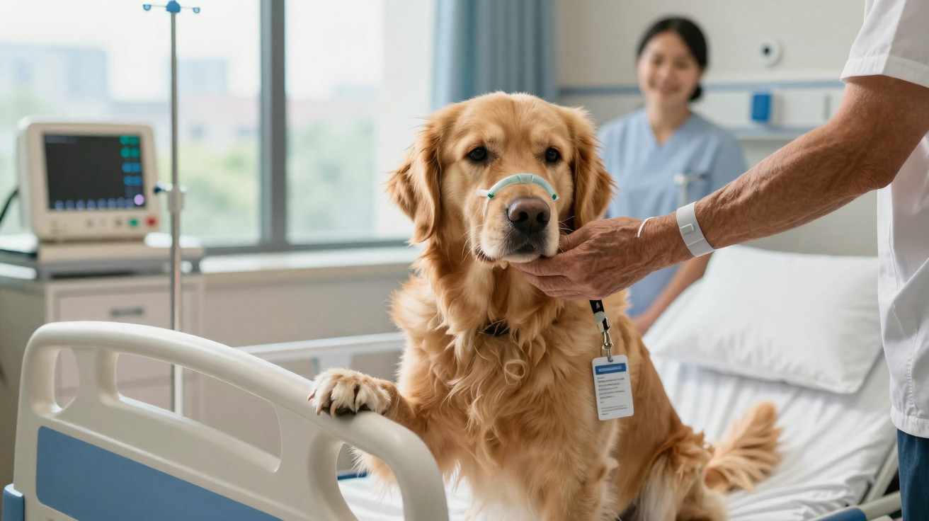 Cão com máscara de oxigénio numa cama de hospital, acompanhado por profissional de saúde e enfermeira ao fundo.