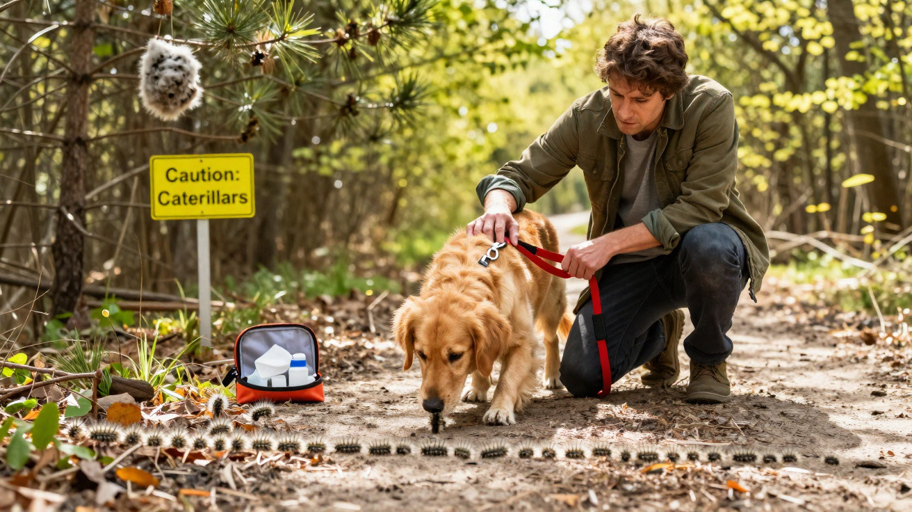 Homem com cão na coleira observa lagartas numa trilha com placa de aviso e kit de primeiros socorros no chão.