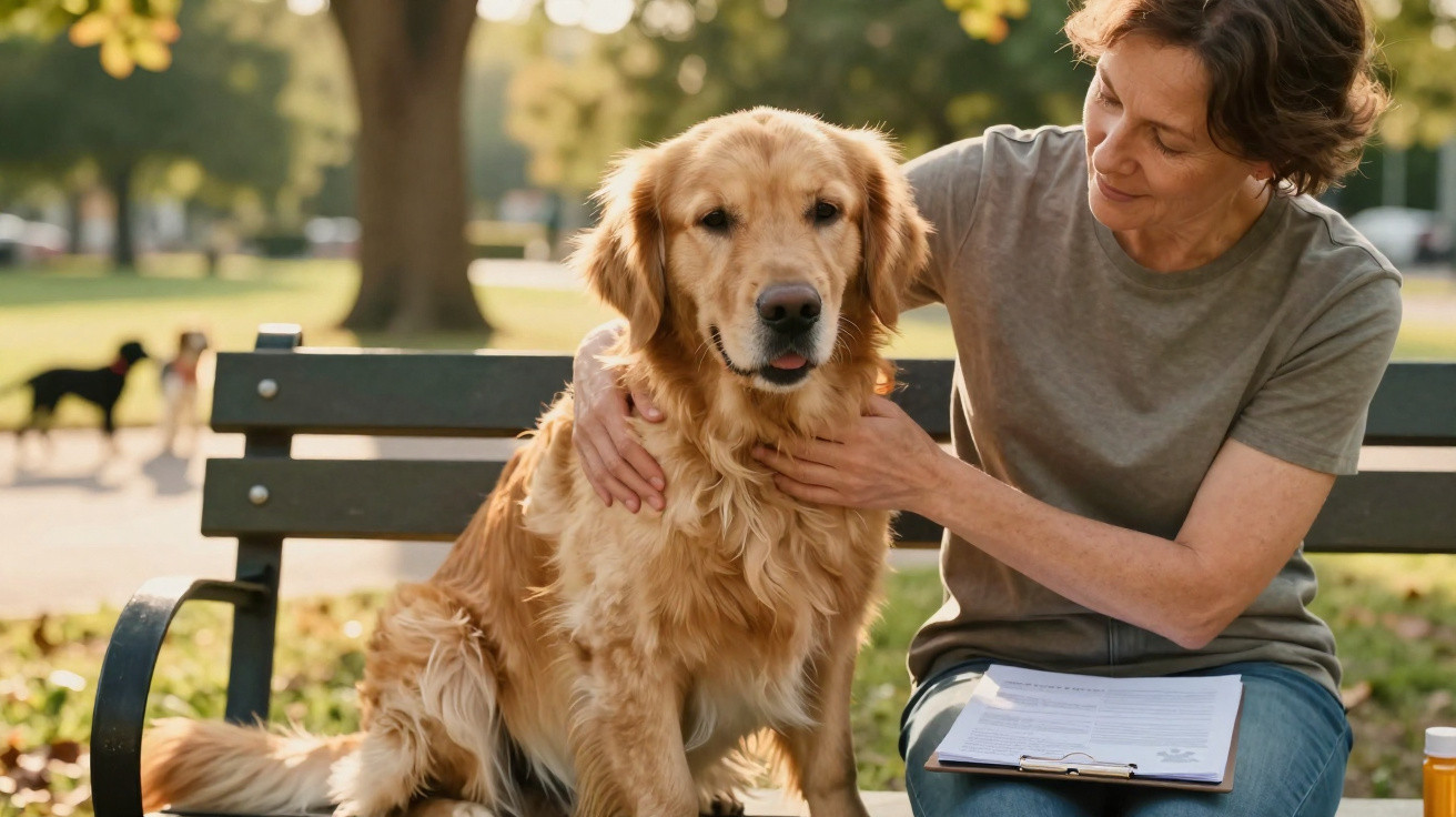 Mulher sentada num banco no parque a acariciar um cão golden retriever ao seu lado.