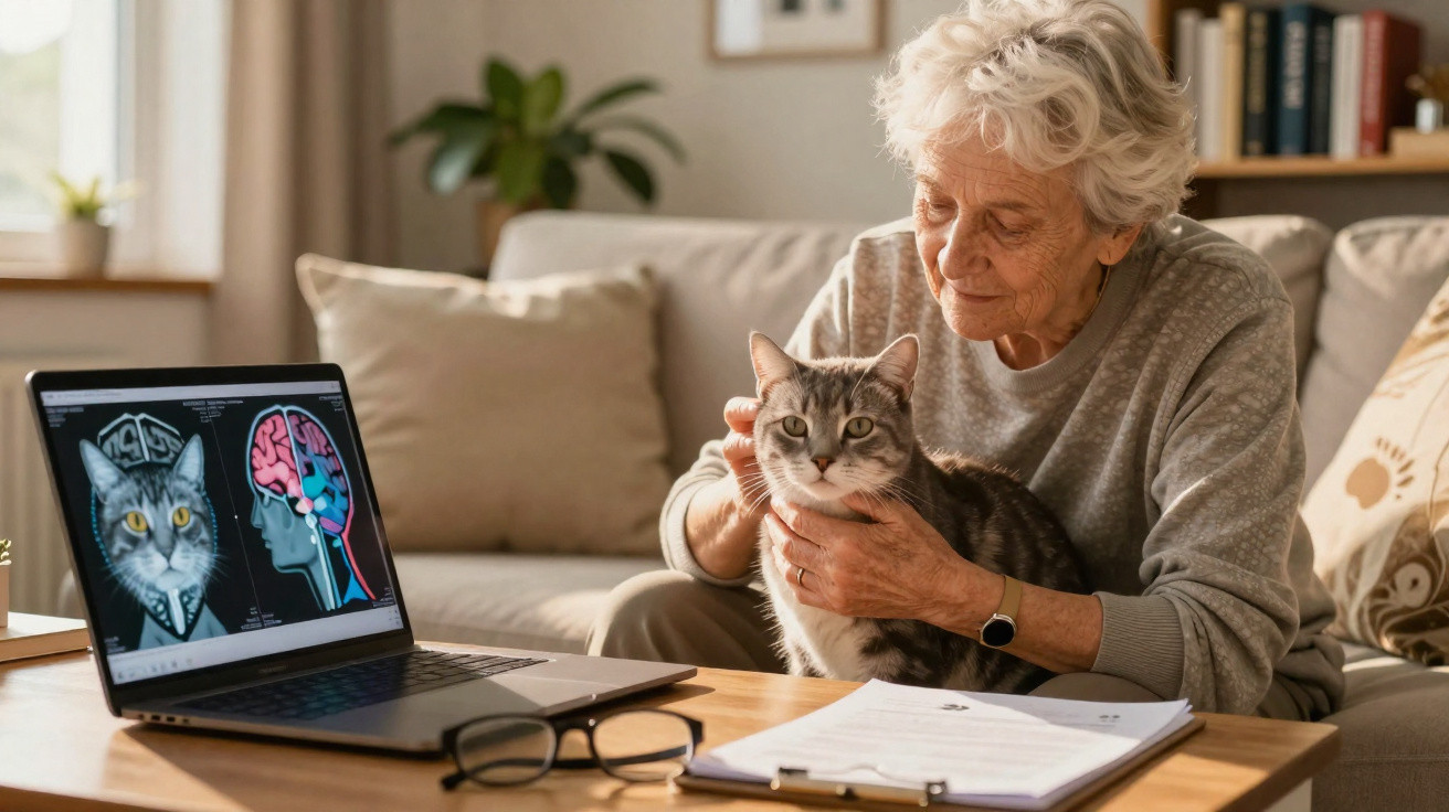 Mulher idosa com gato no colo, ao lado de computador com imagens de cérebro e de gato em ambiente acolhedor.