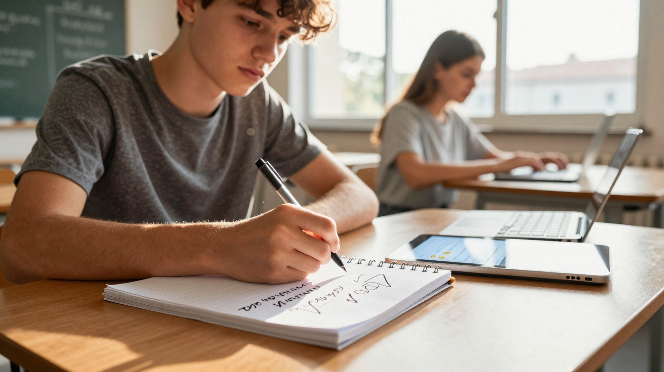Estudante concentrado a escrever num caderno numa sala de aula, com colega a usar portátil ao fundo.