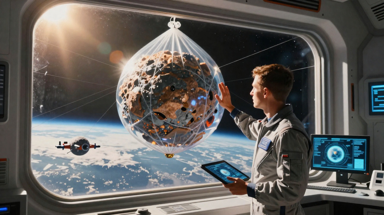 Astronauta observa asteróide contido numa rede flutuando na órbita da Terra a partir de uma nave espacial.