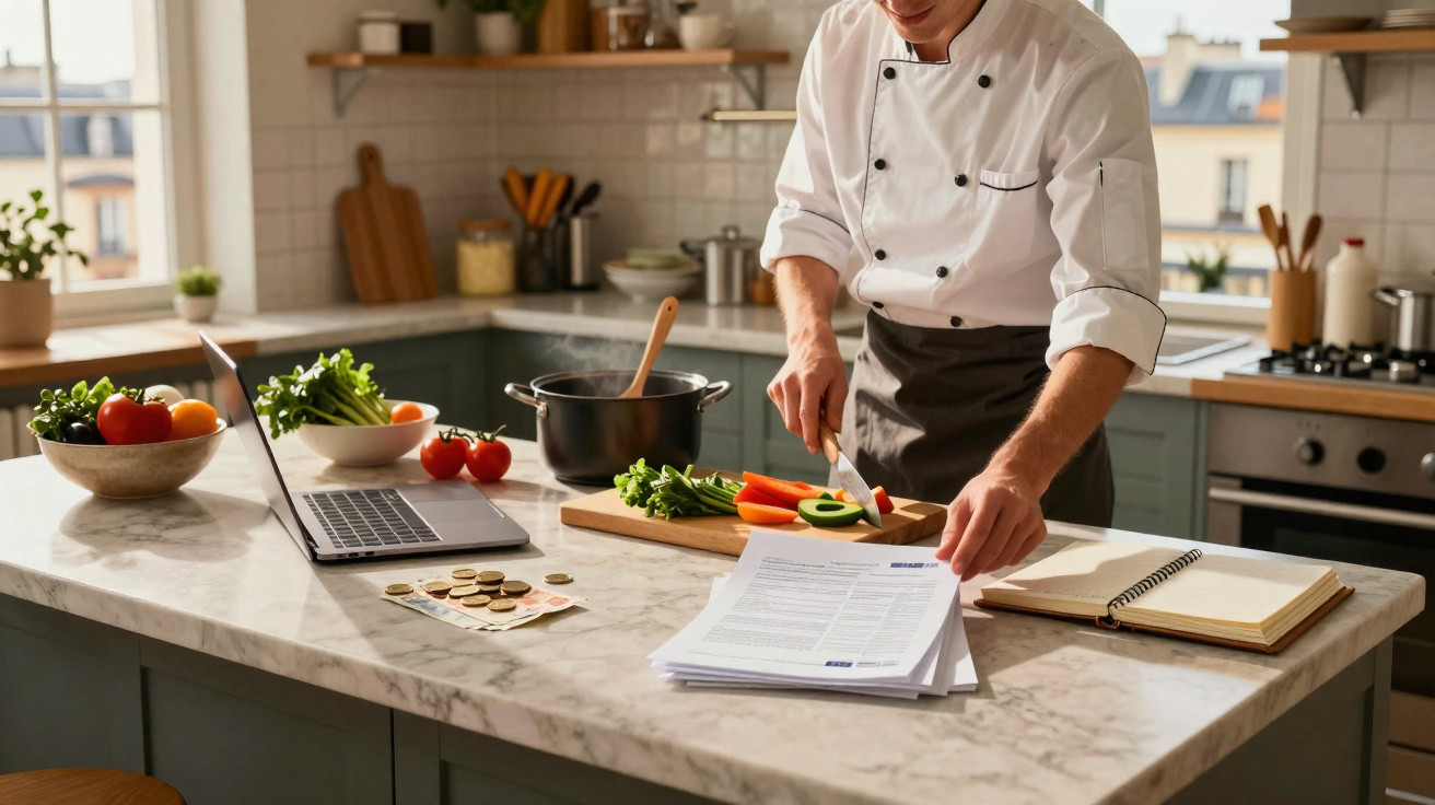 Chef a cortar legumes na cozinha com receitas e computador portátil sobre a bancada de mármore.