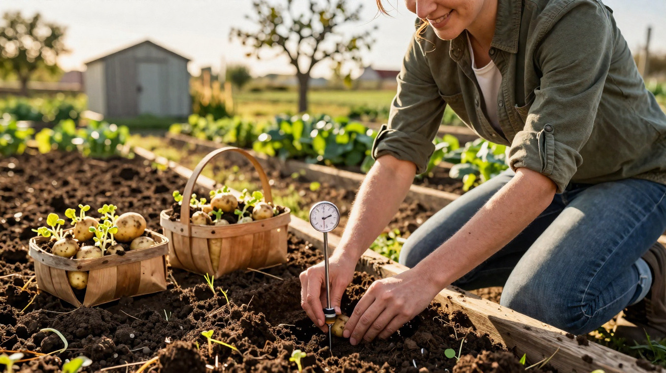 Mulher a plantar batatas num jardim, usando um termómetro para medir a temperatura do solo.