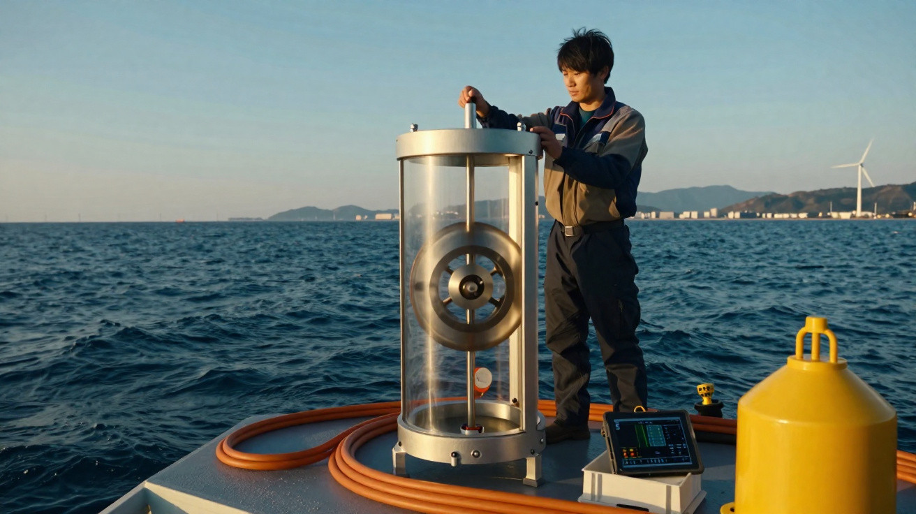 Homem a operar equipamento científico numa embarcação no mar ao pôr do sol.