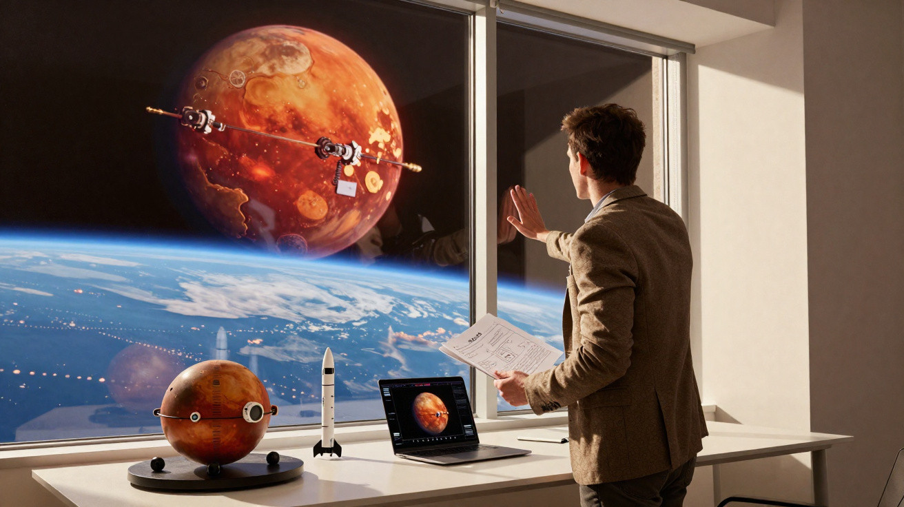 Homem em escritório a analisar imagem digital de Marte e foguetes com vista para a Terra do espaço.