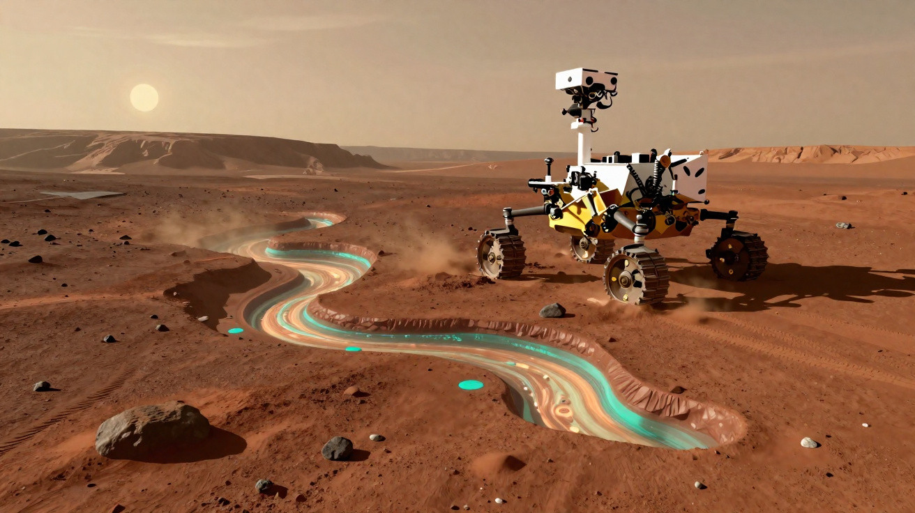 Rover exploratório a circular numa paisagem marciana árida junto a um leito de rio brilhante no solo vermelho.