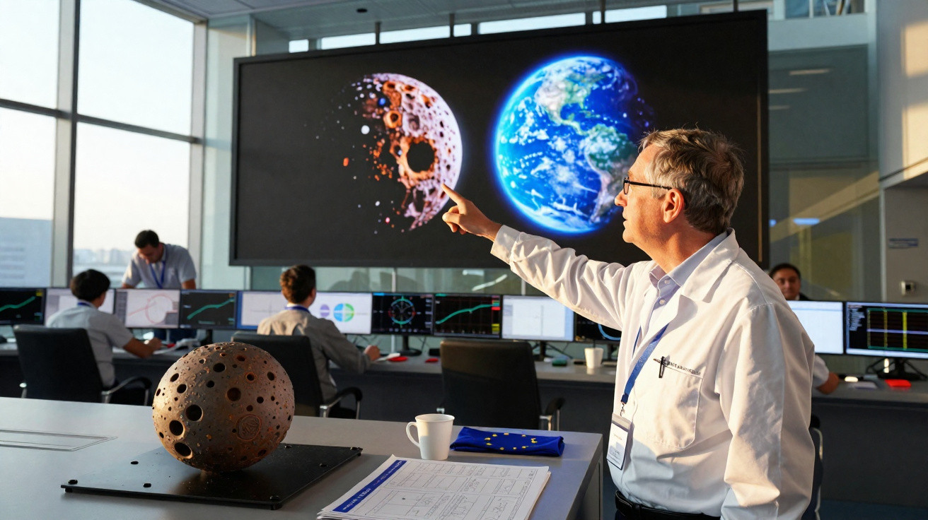 Cientista aponta para ecrã com imagens da Lua e Terra num centro de controlo espacial moderno.