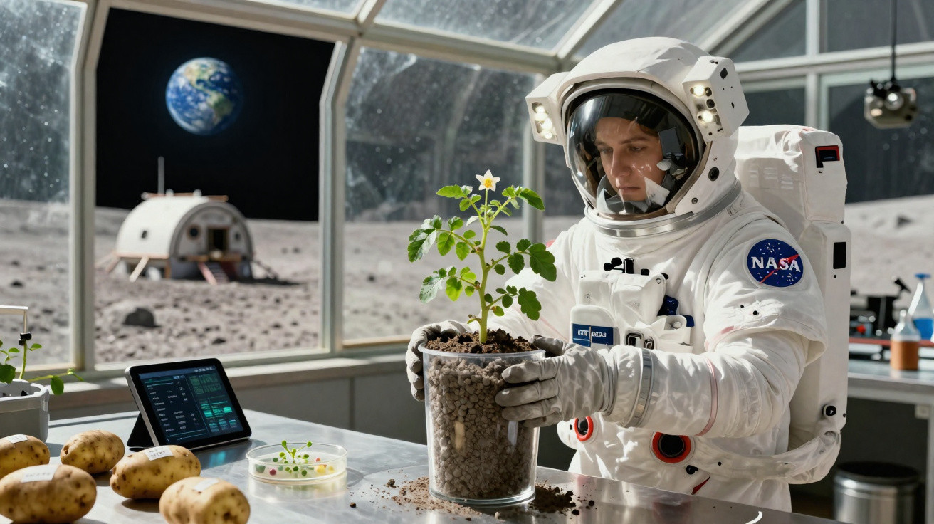 Astronauta na lua a examinar planta em vaso dentro de base lunar com terraços e vista da Terra.