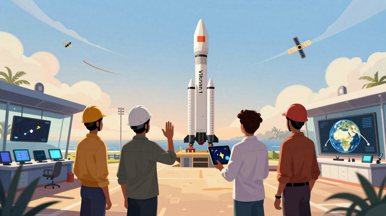 Quatro engenheiros observam o lançamento de um foguete chamado Vikram 1 numa base espacial ao pôr do sol.