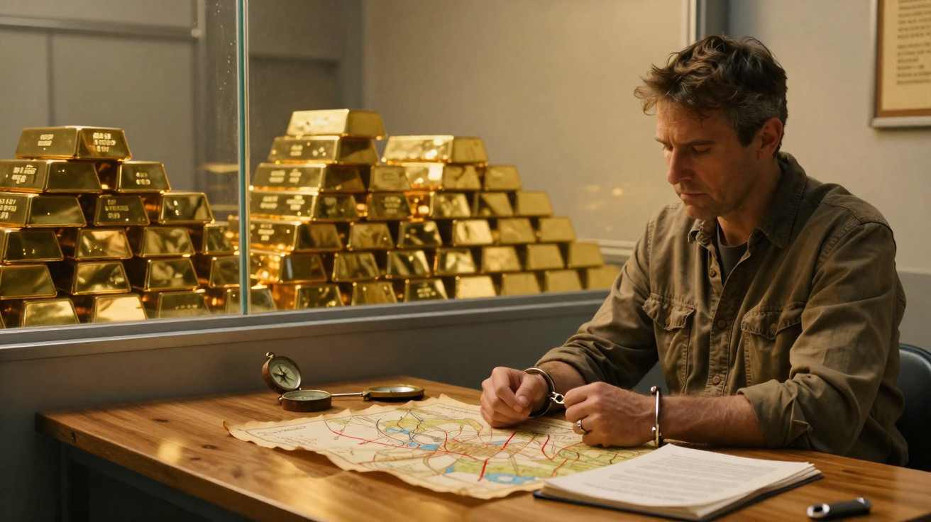 Homem algemado sentado à mesa com mapa e ouro empilhado atrás num cofre de vidro.