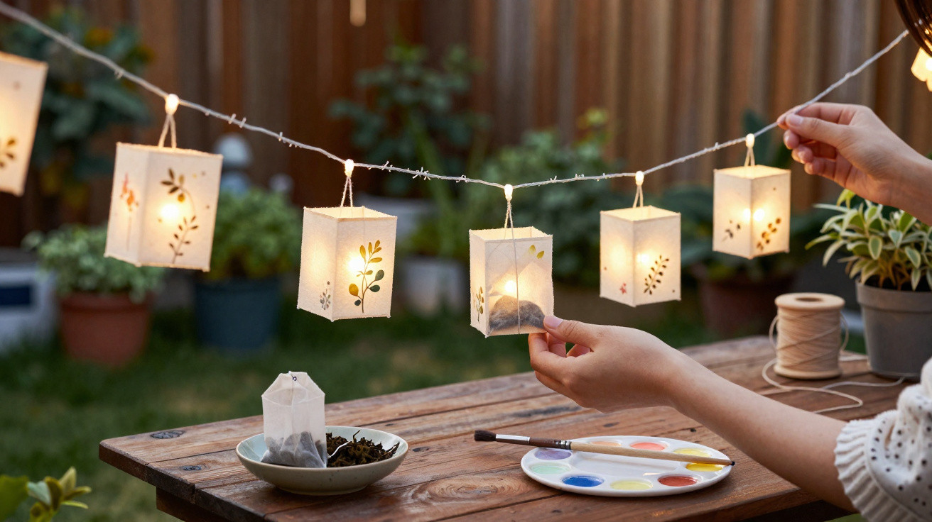 Mãos a decorar lanternas iluminadas penduradas numa corda em ambiente exterior com mesa de madeira e vasos de plantas.