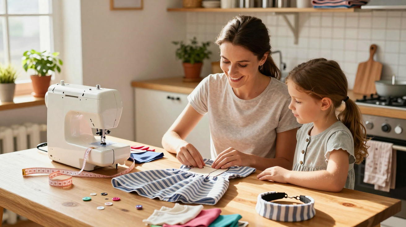 Mulher ensina criança a costurar roupa à mão numa cozinha luminosa com máquina de costura na mesa.