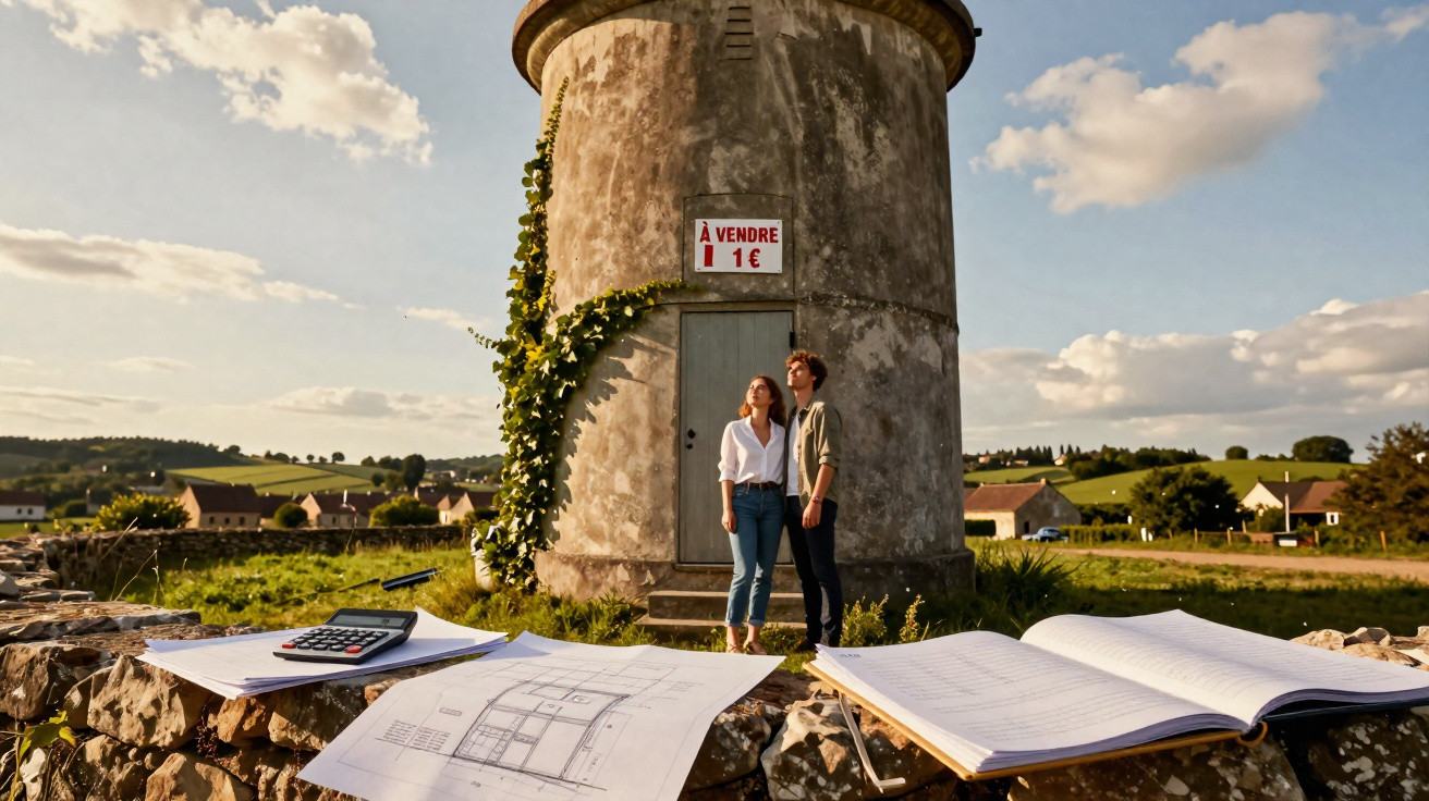 Casal junto a torre antiga com placa "À vendre 1€" em ambiente rural, com planta, caderno e calculadora em pedra.