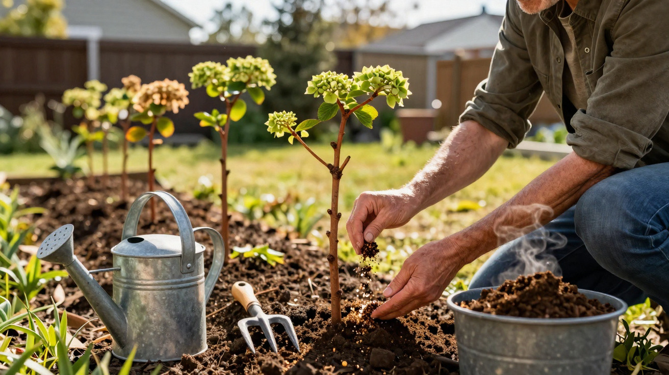 Pessoa a semear sementes perto de plantas jovens num jardim ensolarado com utensílios de jardinagem.