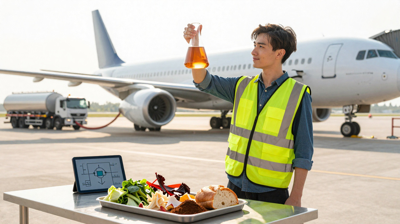 Homem com colete refletor segura líquido em frasco no aeroporto, com avião e alimentos sobre mesa à frente.