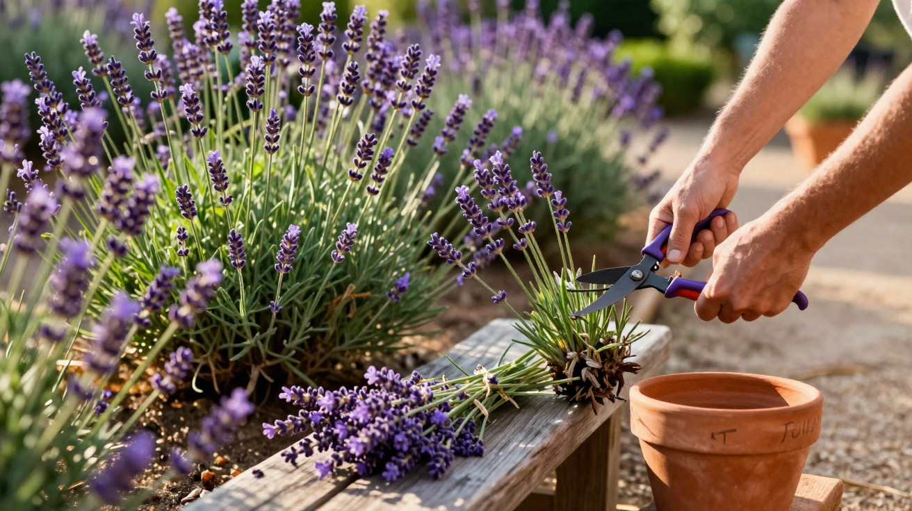 Pessoa a cortar flores de lavanda num jardim soalheiro com tesoura de poda junto a vaso de barro.