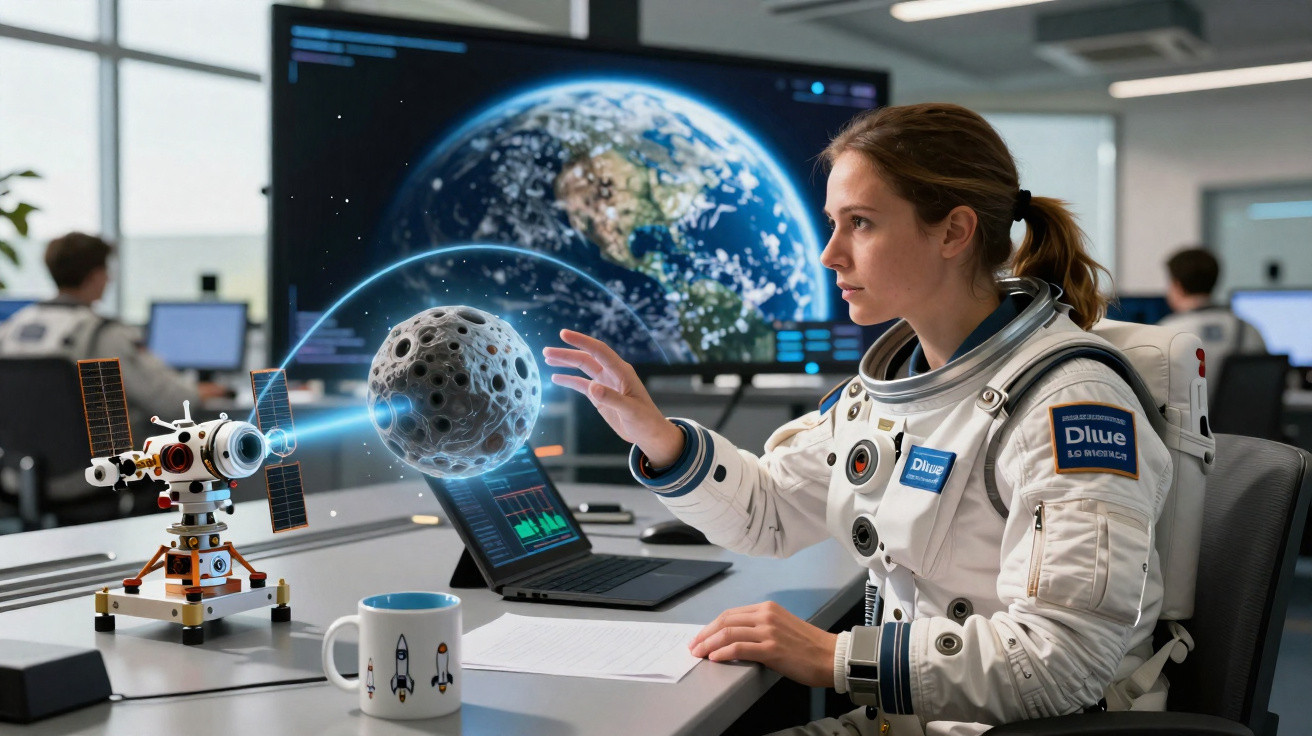 Astronauta numa sala de controlo interagindo com modelo holográfico da lua e sistema Terra-lua.
