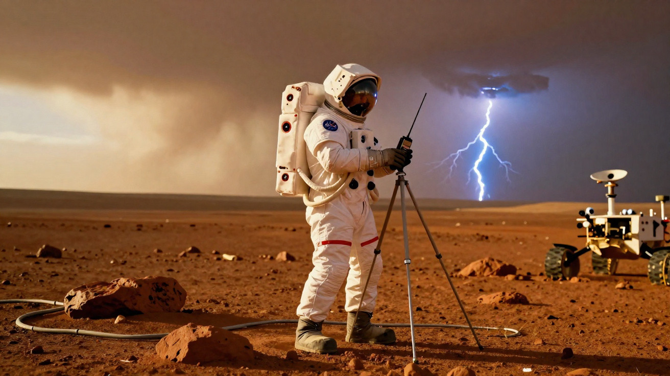 Astronauta em terno espacial branco em solo marciano, com rover e relâmpago ao fundo.