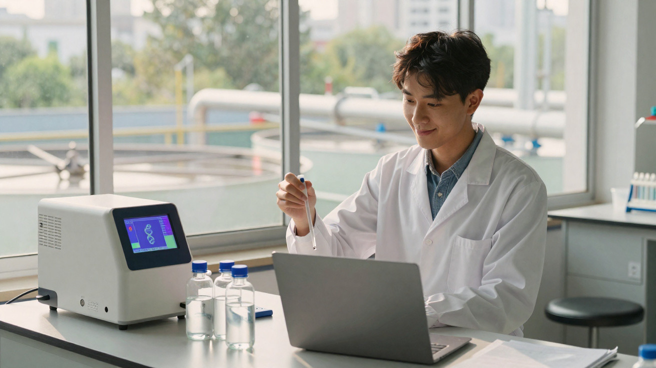Cientista com bata branca a trabalhar com pipeta, computador e equipamento de laboratório junto a janela iluminada.