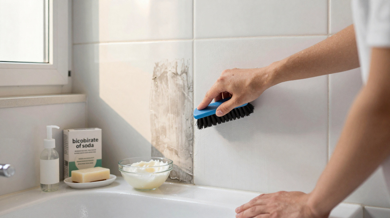 Pessoa a limpar azulejos brancos de casa de banho com escova de limpeza e bicarbonato de sódio.