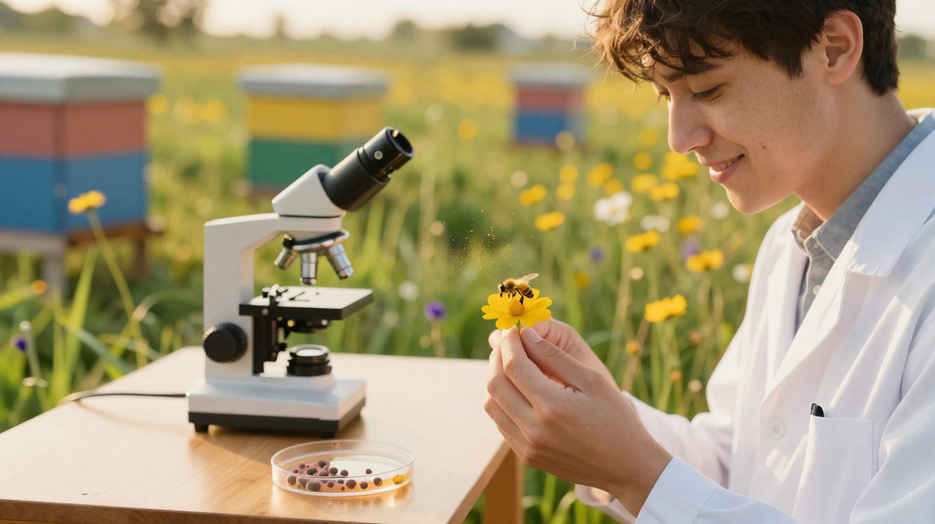 Jovem cientista observa abelha numa flor amarela com microscópio e colmeias ao fundo num campo florido.