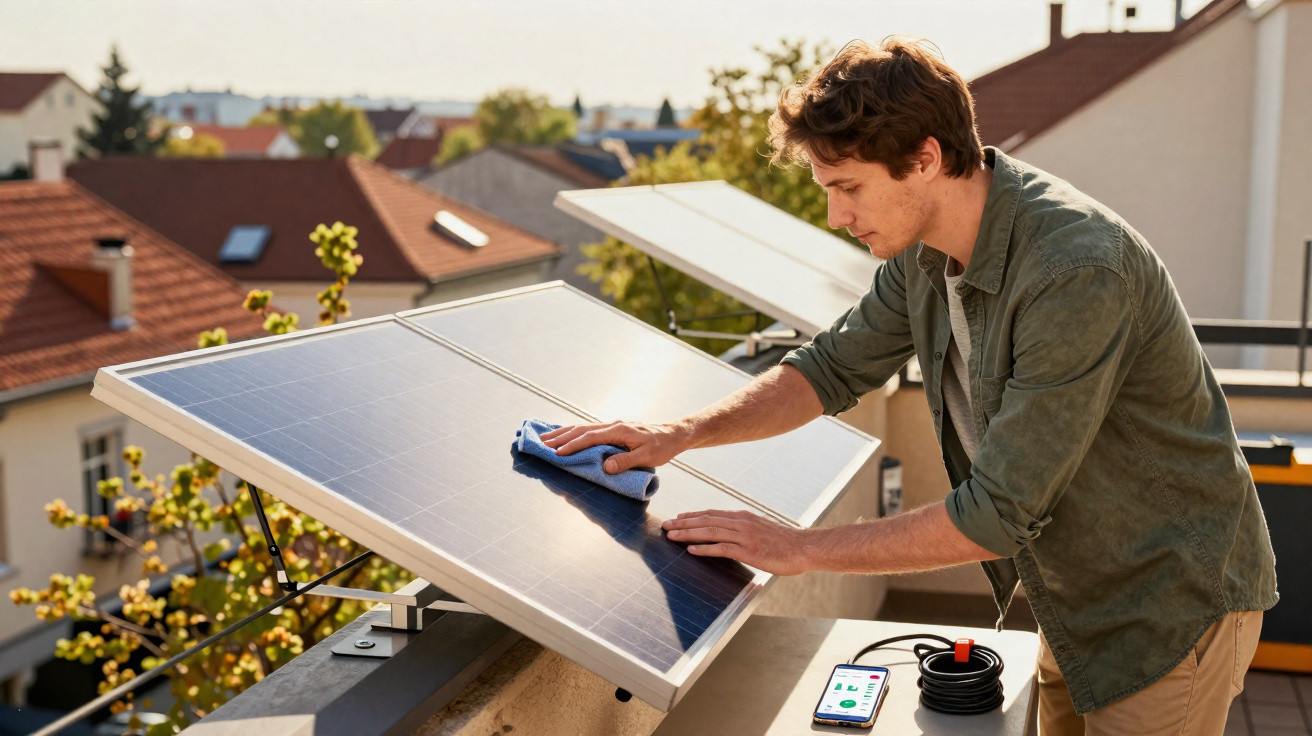 Homem a limpar painéis solares instalados numa varanda residencial numa zona urbana.