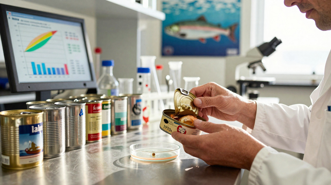 Cientista em laboratório abre lata de conserva para análise com gráficos no ecrã ao fundo.