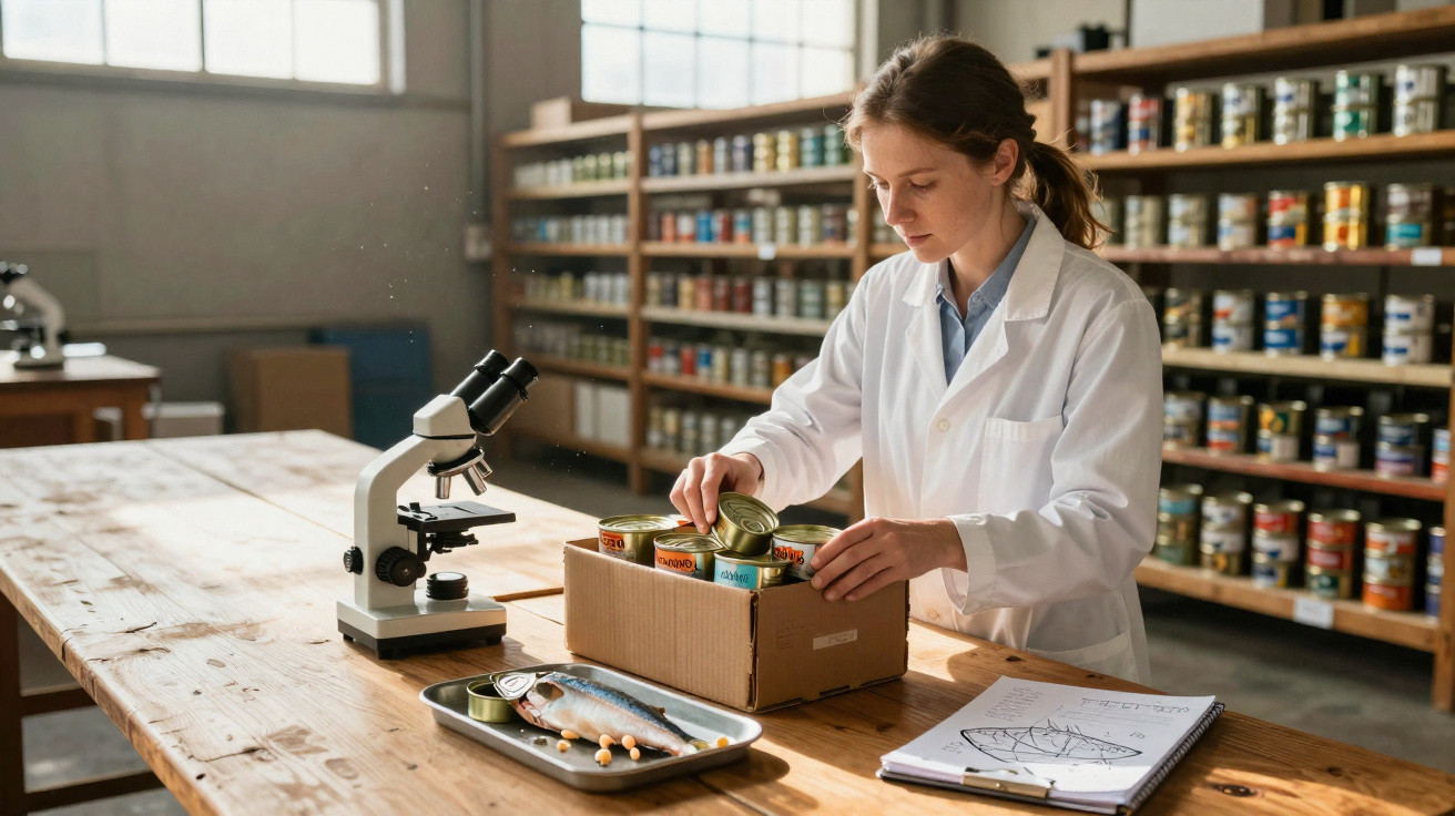 Cientista a examinar latas de conserva numa caixa, com microscópio e peixe sobre a mesa num laboratório.
