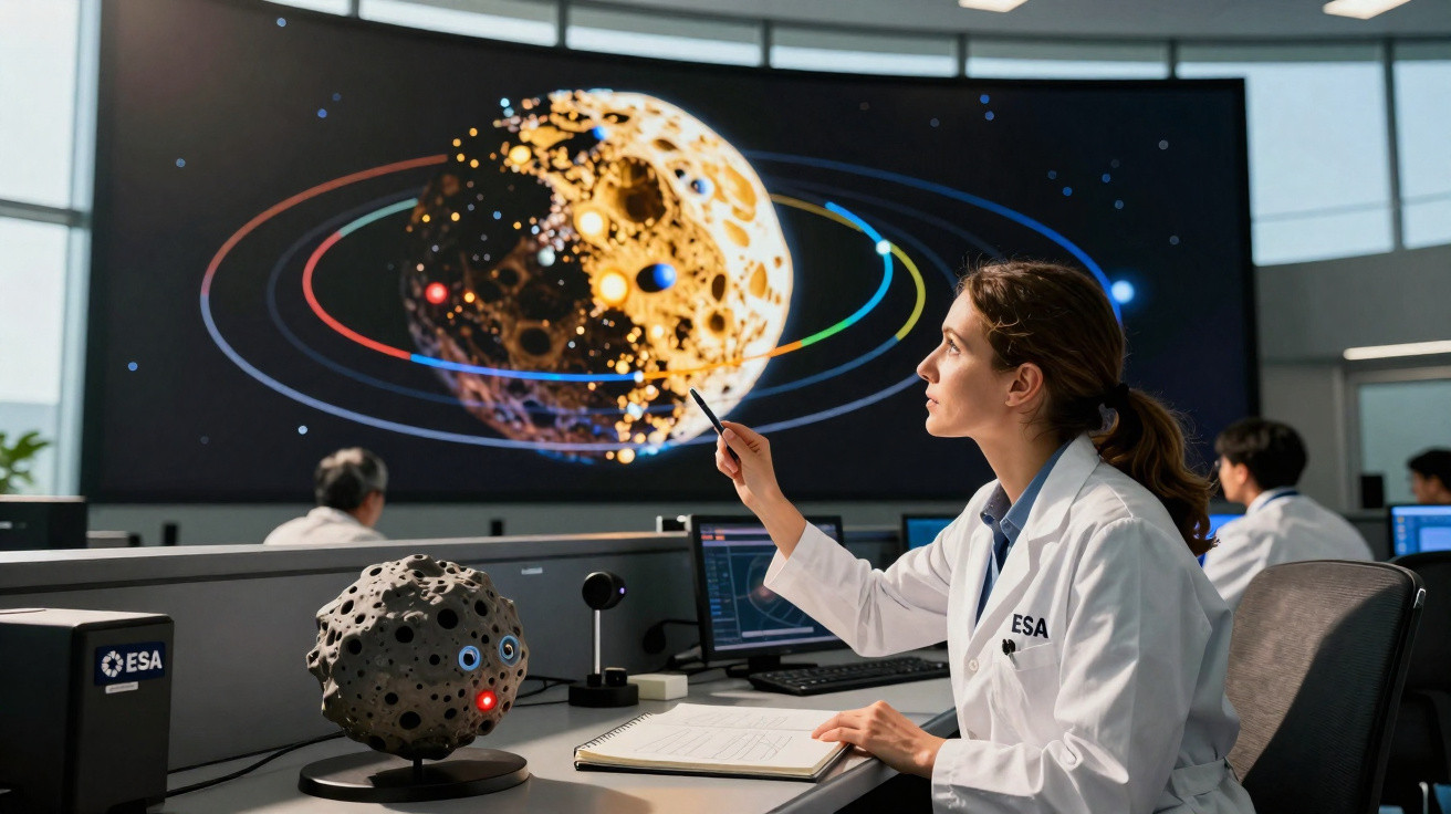 Cientista da ESA a analisar simulação digital de um asteroide em ecrã grande numa sala de controlo.