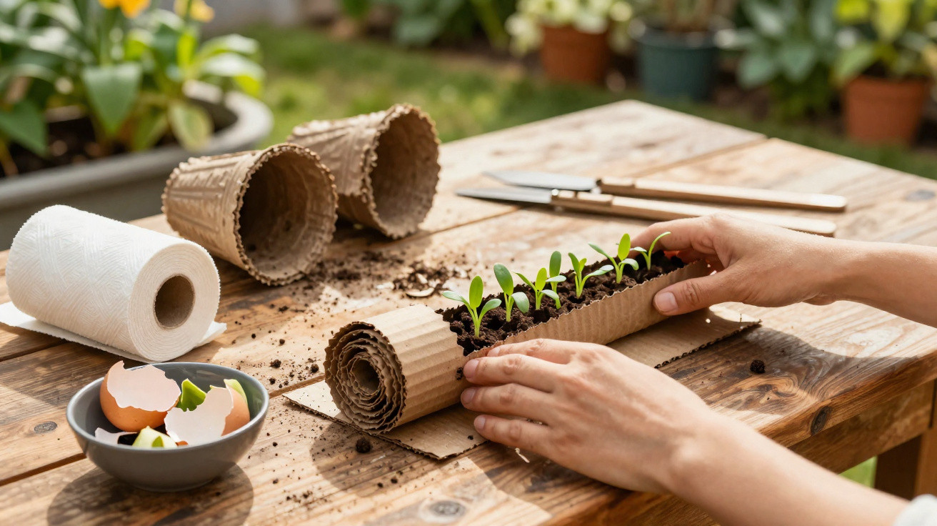Mãos a enrolar substrato com pequenas plantas num vaso biodegradável numa mesa de madeira.