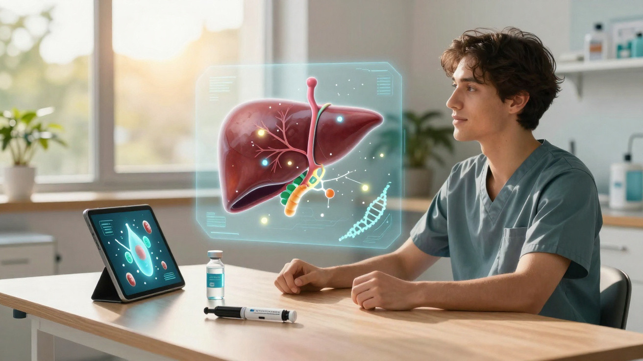 Jovem médico observa imagem holográfica do fígado em consulta num consultório moderno.