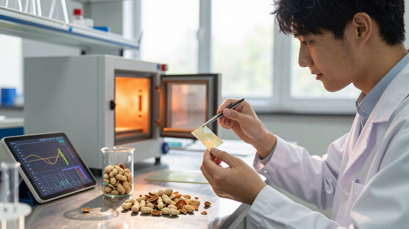 Cientista em laboratório analisa amostra com pinça, perto de amendoins, equipamento e tablet com gráficos.