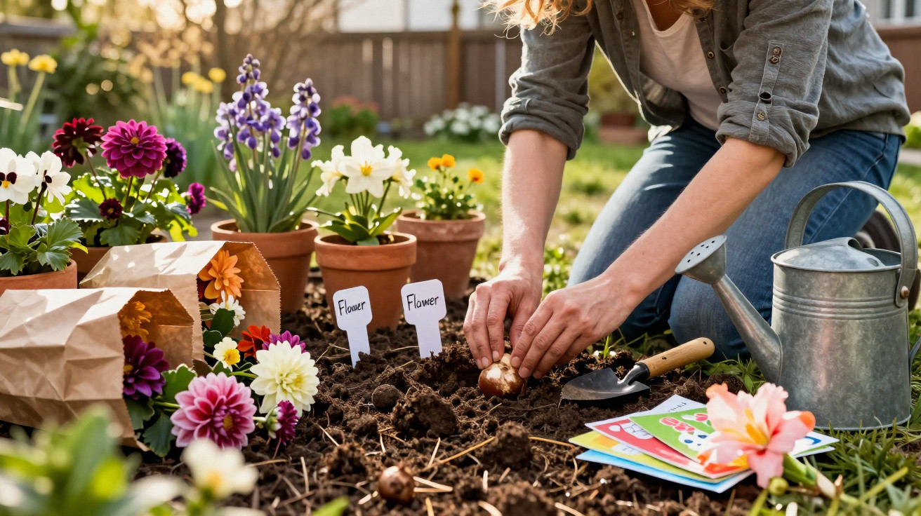 Pessoa a plantar bolbos de flores num jardim com vasos, regador e ferramentas de jardinagem.