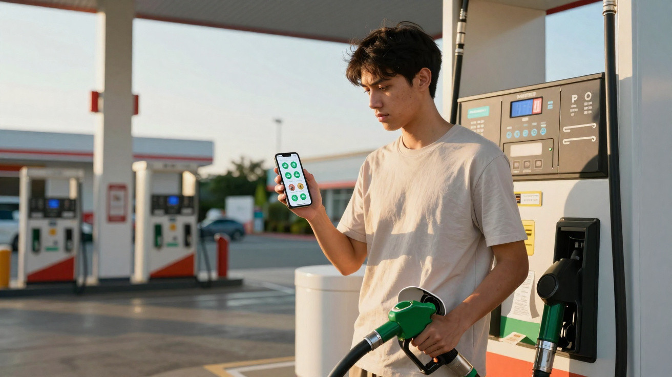Homem numa bomba de gasolina segura bico de combustível e consulta telemóvel com ecrã de aplicativo.