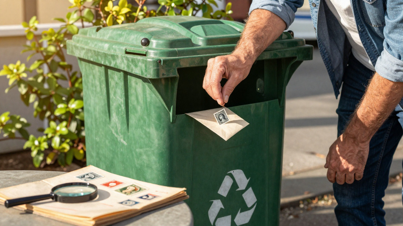 Pessoa a colocar envelope com selo num caixote do lixo verde com símbolo de reciclagem.