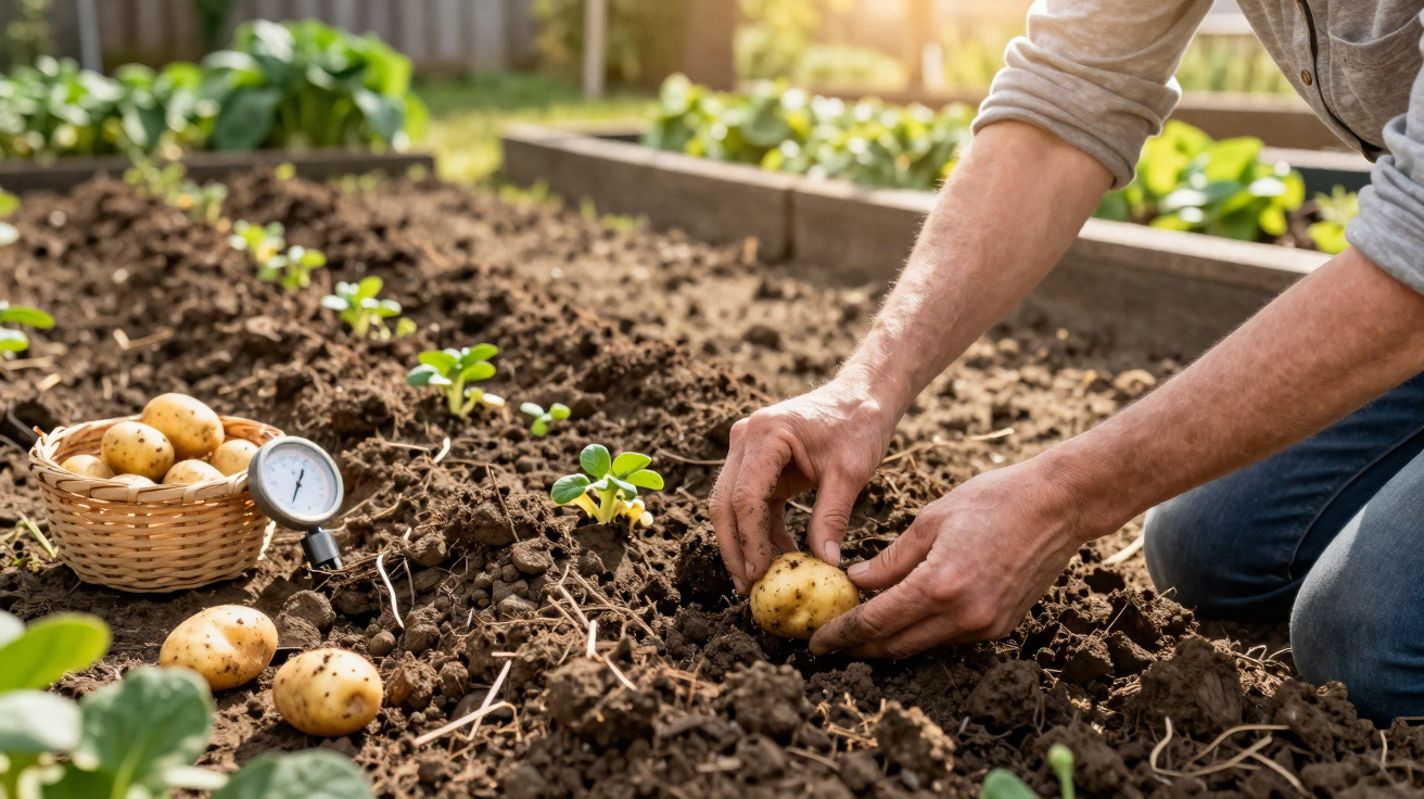 Pessoa a colher batatas numa horta com terra solta e plantas em crescimento ao nascer do sol.