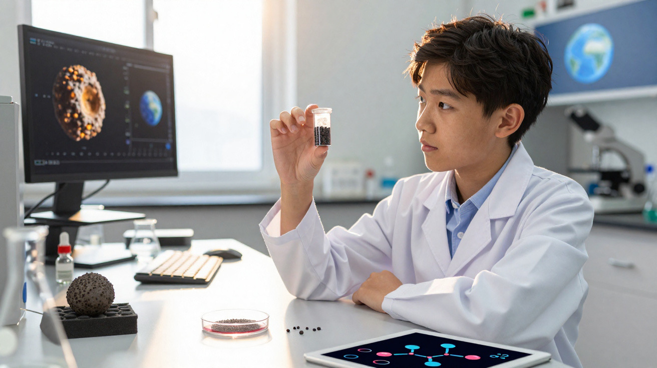 Jovem cientista de bata branca observa frasco com partículas pretas em laboratório moderno.