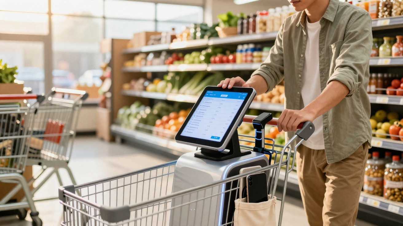 Pessoa a empurrar um carrinho de compras com ecrã digital num supermercado moderno e bem iluminado.