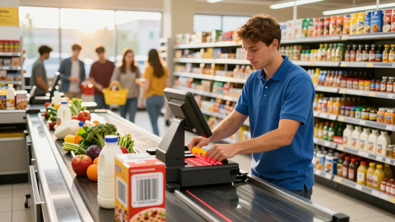 Jovem a trabalhar numa caixa de supermercado a passar artigos no leitor de código de barras.