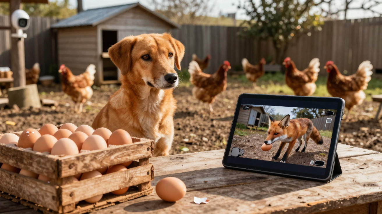 Cão numa quinta com galinhas ao fundo e um tablet a mostrar uma raposa a roubar um ovo.