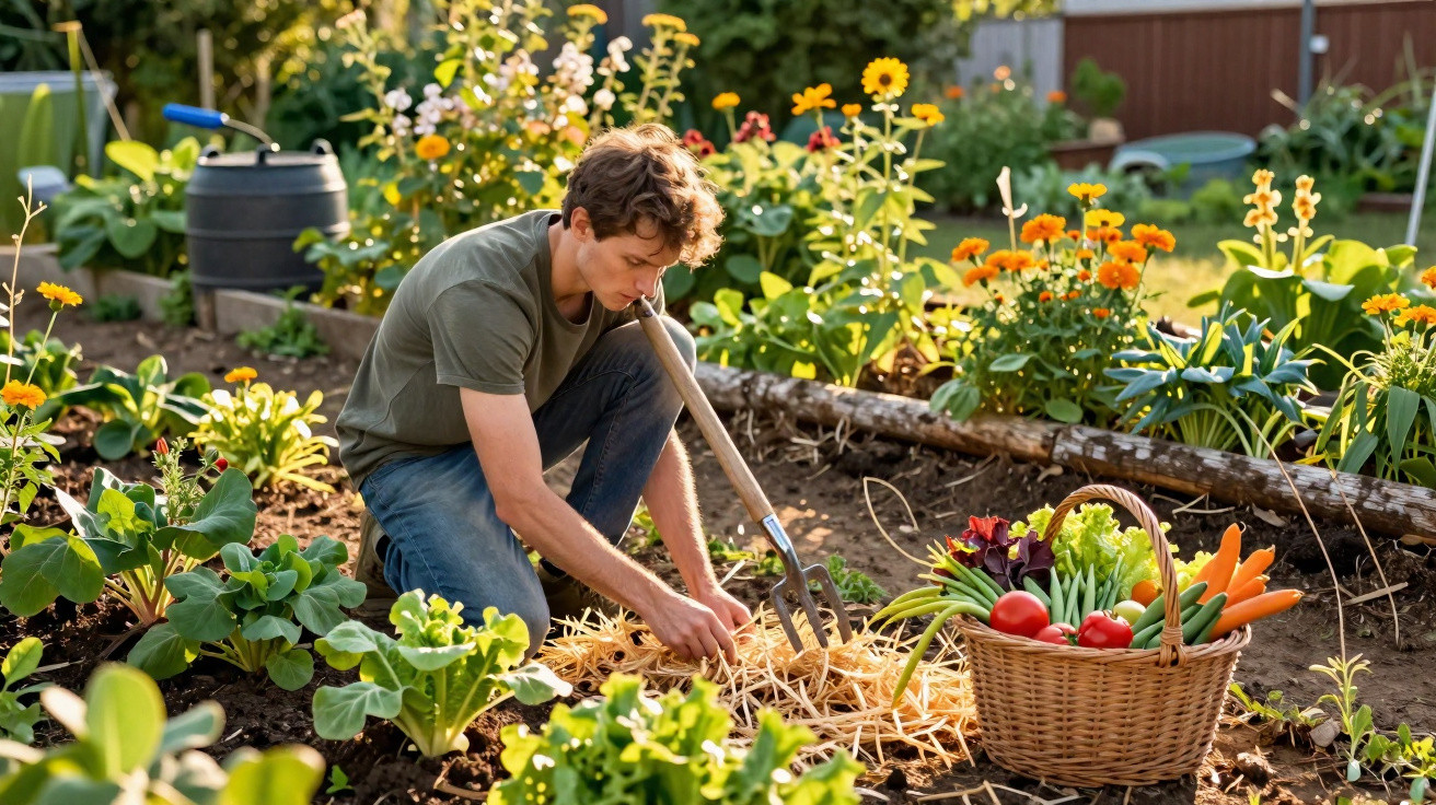 Homem a jardinar em terreno com flores e legumes frescos numa cesta ao lado, de dia.