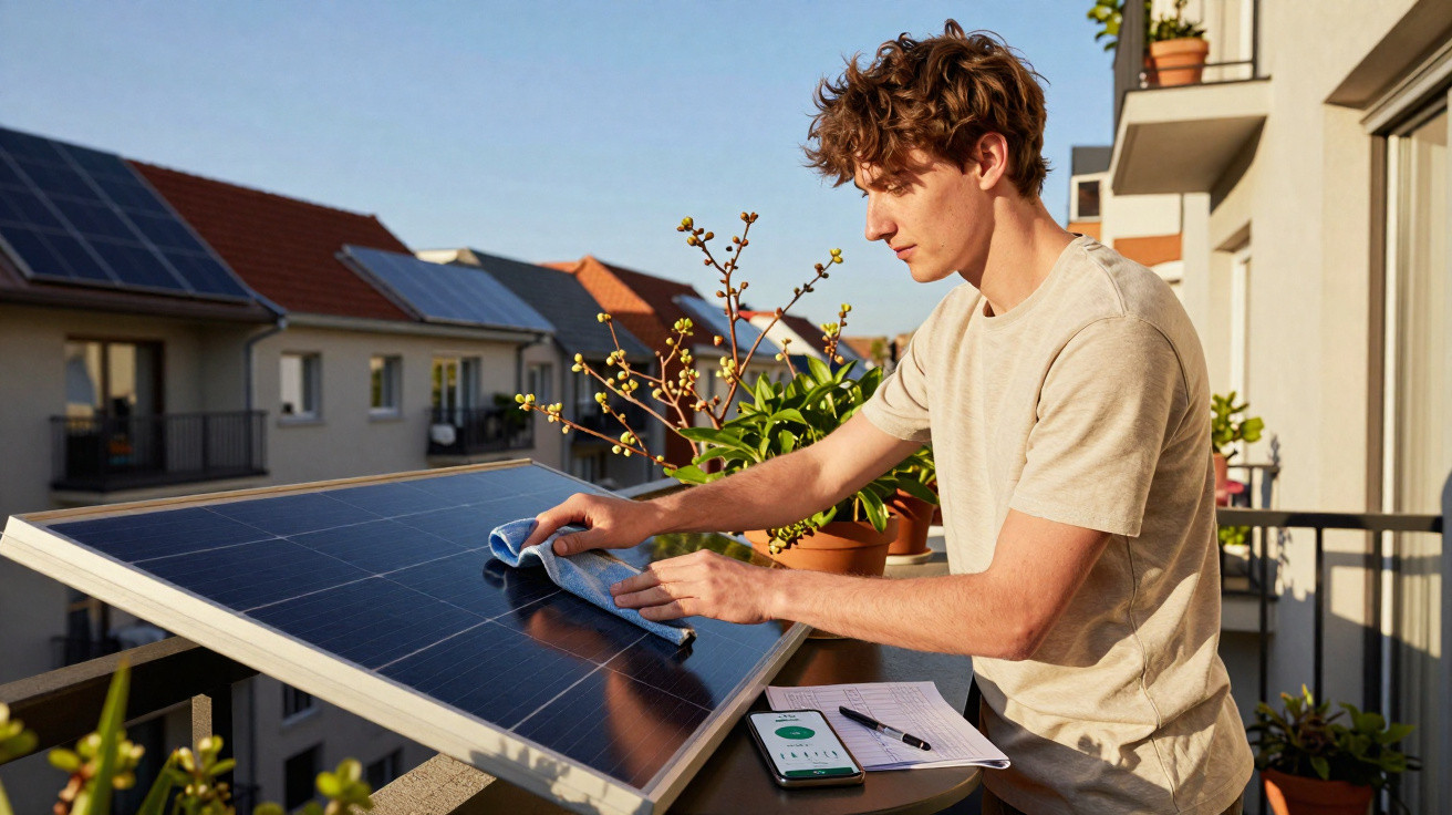 Jovem limpa painel solar num terraço com edifícios ao fundo e plantas ao redor.